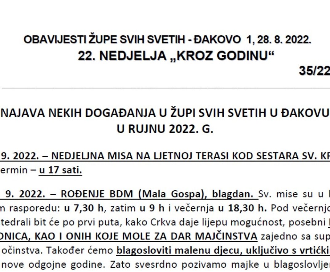 Događanja u Župi Svih Svetih u Đakovu – rujan 2022.